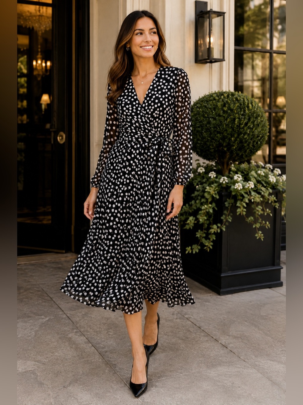 Calvin Klein Black and White Polka Dot Midi Dress
